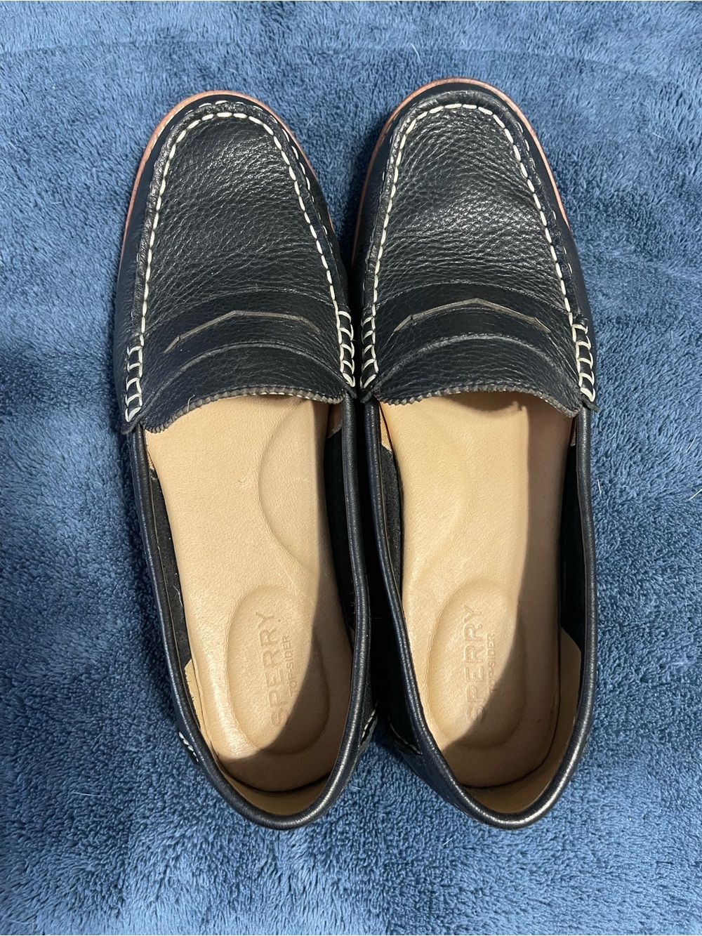 Sperry Black Leather Penny Loafers with Contrast Stitching